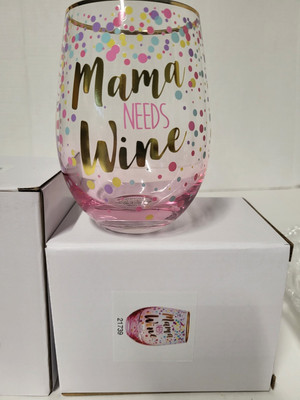 NEW IN BOX Spoontiques Pink Decorated No Spill Wine Glass Mama Needs Wine