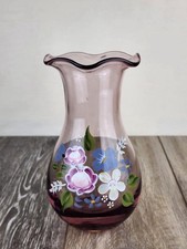 VINTAGE FENTON HAND-PAINTED AMETHYST FLORAL PURPLE RUFFLED ART GLASS VASE 8 "