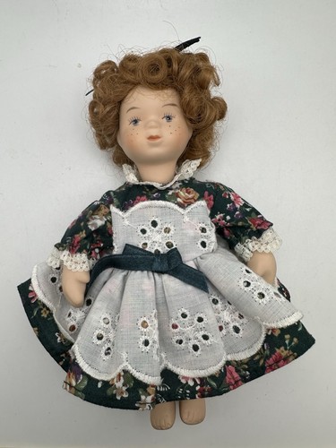 Porcelain Articulated Doll Red Curly Hair Green Floral Dress White Bloomers 7” - Picture 9 of 13