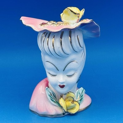 Vintage Lefton Lady Head Vase Made in Japan Pink Hat Yellow Flower on PY641