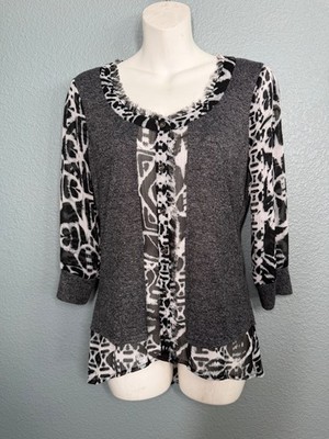 BKE Boutique Black Animal Print Fringe L/S Tie Back Top Womens Sz Small Layered