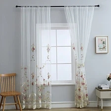 Vintage Embroidered Floral Sheer Voile Tulle Window Curtain Panel Drapes Bedroom