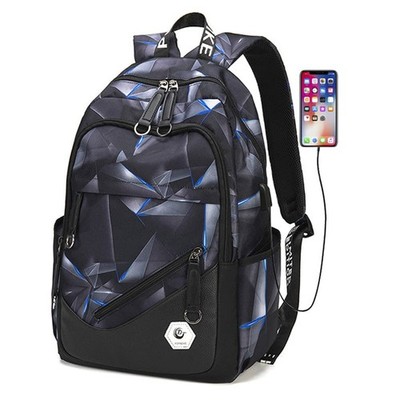 Geometric School Backpack For Teen Boys Laptop Bookbag With USB Port Blue