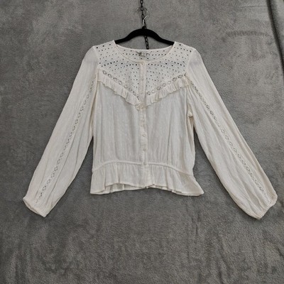 American Eagle Blouse M Cream Boho Peasant Top Swiss Dot Eyelet Button Crochet