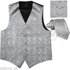 SILVER GRAY MEN Paisley Tuxedo Suit Dress Vest Waistcoat  Neck tie  And Hankie