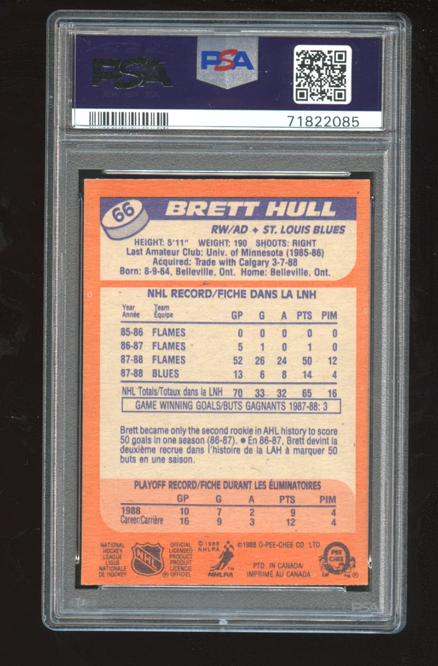 Brett Hull RC 1988-89 O-Pee-Chee #66 OPC HOF Rookie St-Louis Blues PSA 7 NM - Image 2 of 2