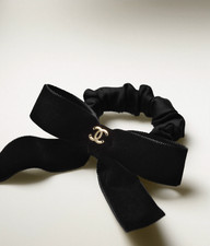 Authentic Chanel Logo Black Velvet & Silk Hair Twill Brooch