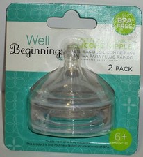 2 Pk Well Beginnings Fast Flow Silicone Nipples BPA Free 6 Month NIP