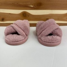 Juicy Couture Plush Fuzzy Cross Strap Slides Mauve Pink Cozy Slippers sz 9/10