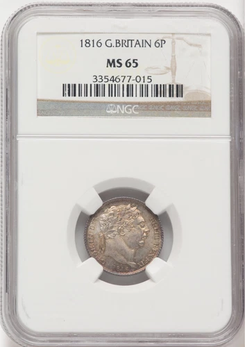 ENGLAND GEORGE III  1816  SIXPENCE  SILVER COIN, UNCIRCULATED CERTIFIED NGC MS65