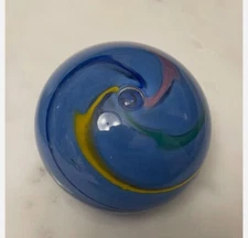 Blue Yellow Pink Green Art Glass Swirl Paperweight Makers Mark Stamped Bubble