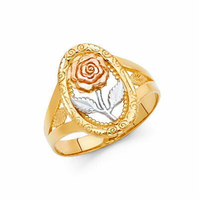 14k Real Solid Tri Color Gold 16 mm Rose Flower Ring Oval Anillo Flor Oro Solido