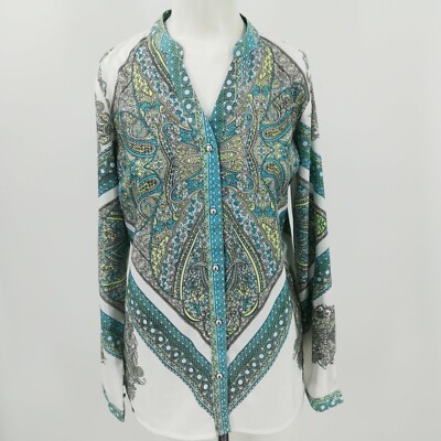 Charming Charlie Button Up Blouse Size S Mandala Ethnic Geometric Silver Paisley