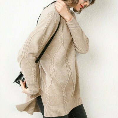 Damen Rollkragen Zopfmuster Lang Pullover Pulli Hoher Niedriger