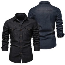 Denim Cotton Elastic Cowboy Shirt Men Long Sleeve Casual Slim Fit Male Pocket