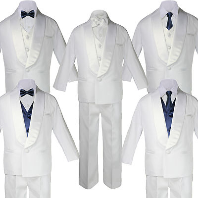 Baby White Satin Shawl Lapel Suits Tuxedo NAVY BLUE Satin Bow Necktie Vest Set