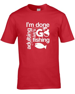 Fertig Erwachsene Let's Go Fishing Herren T-Shirt lustig Hobby Geschenk Fischer See Fisch