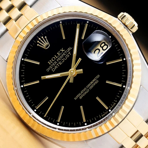ROLEX MENS DATEJUST 16013 BLACK DIAL 18K YELLOW GOLD STAINLESS STEEL WATCH