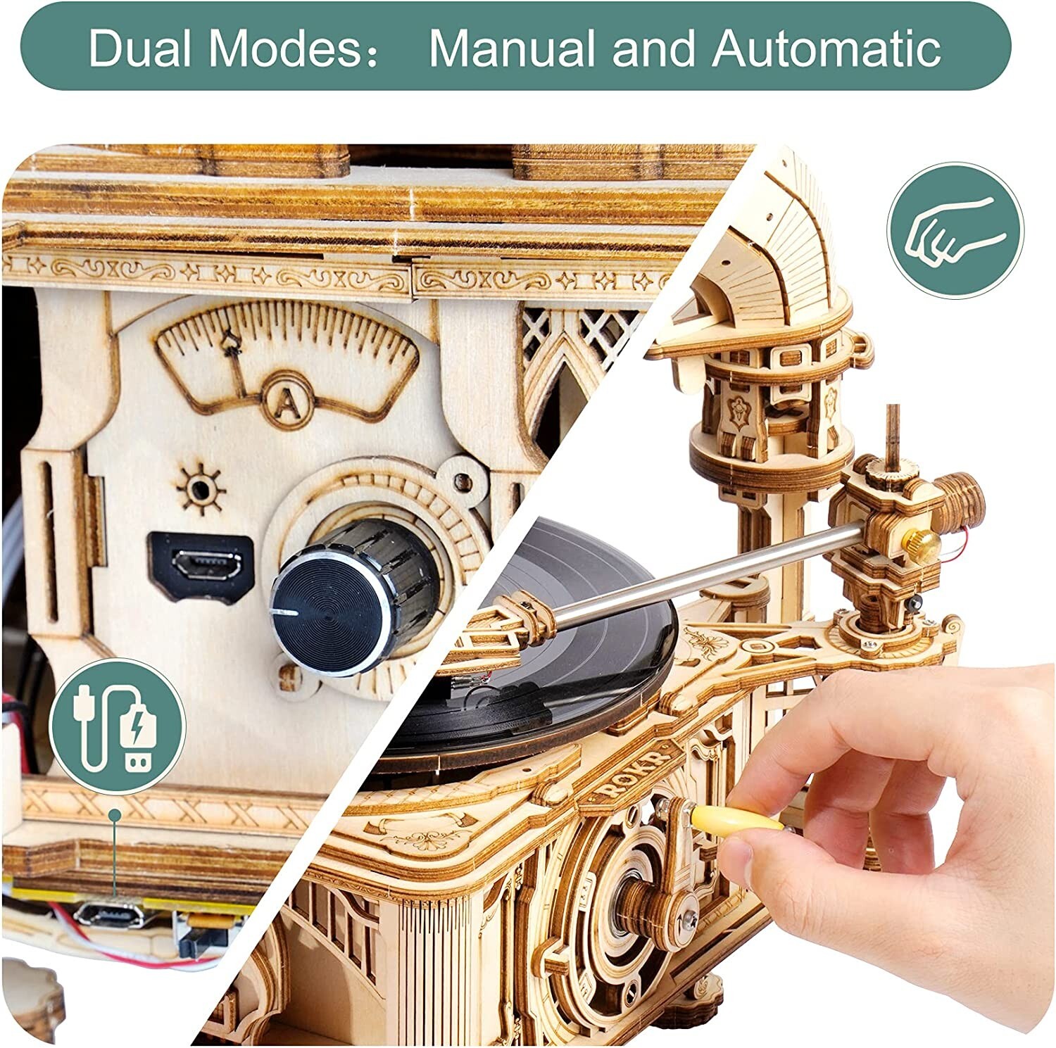 ROKR 3D Wooden Puzzles Gramophone Model Kits for Adults Electric Record