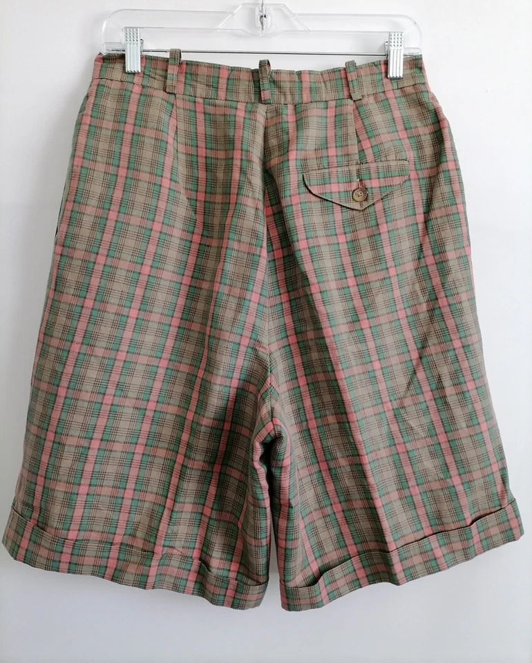 Land'End Women's Tan Green Pink Plaid Bermuda Shorts Size 12 - Image 4 of 4