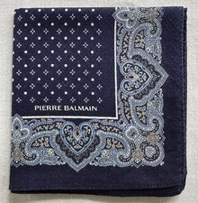 VTG Handkerchief Navy Cotton Geometric Floral Border Damask Pocket Square 19" E