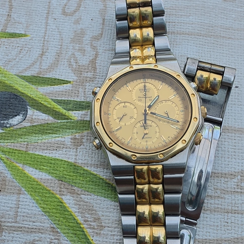Seiko Chronograph Quarz Bicolor 7T32-7B10 Alarm Datum Tachymeter 100m - Bild 3 von 4