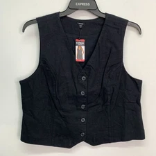 Express Women's Vest XL Classic Fit V-Neck Button Up Linen Vest Black Size XL