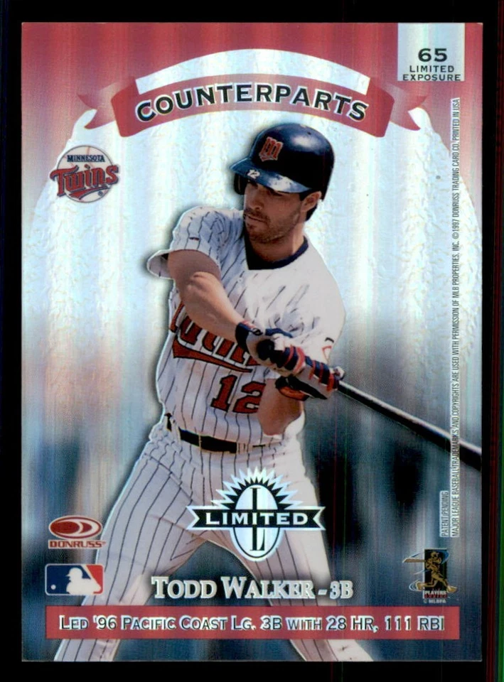 1997 Donruss Limited Exposure #65 Edgar MArtinez Todd Walker Mariners Twins - Image 2 of 2