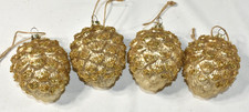 Set of 4 Gold Glitter Beads Blown Glass Pinecone 3" Christmas Tree Ornaments