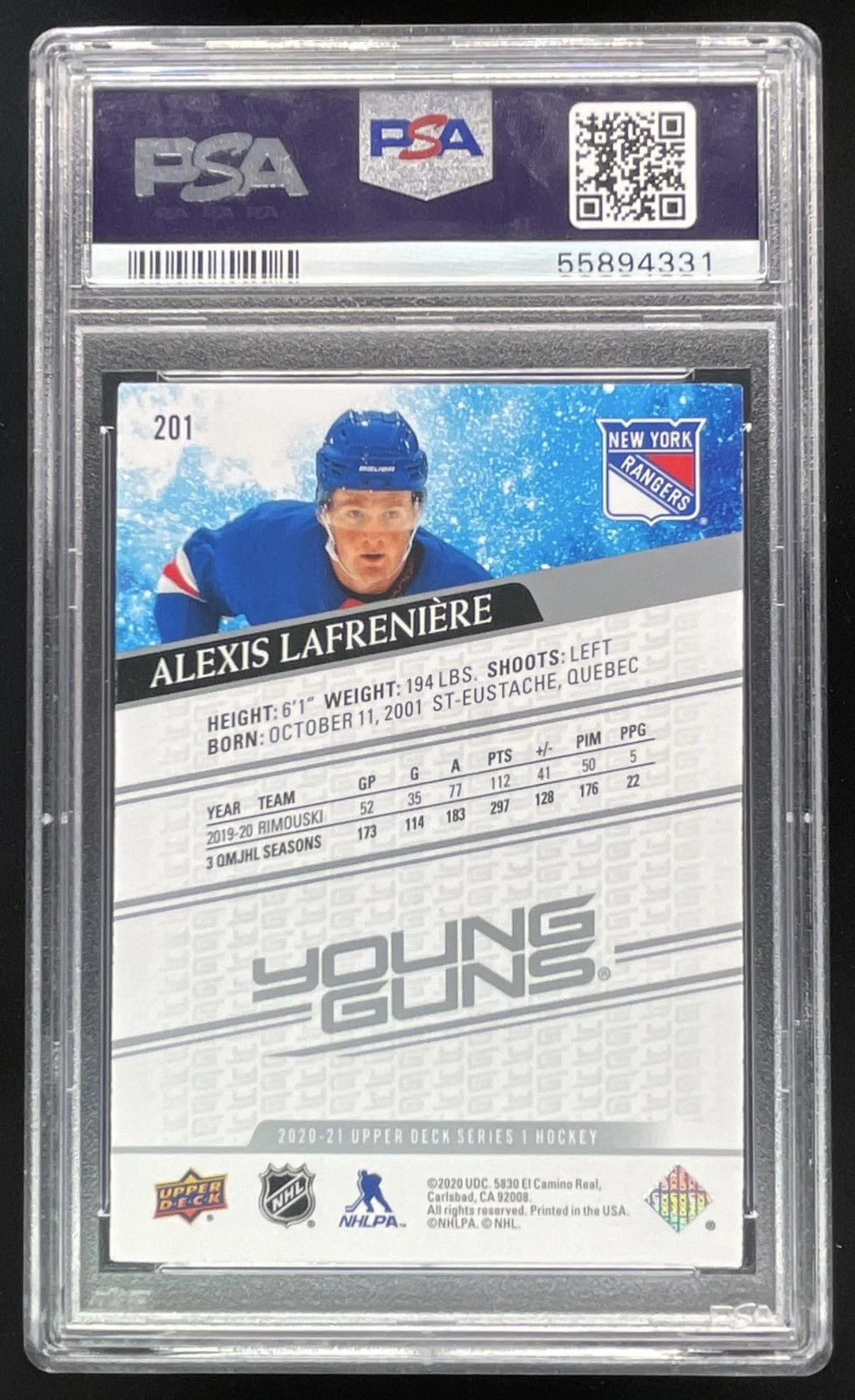 2020-21 Upper Deck #201 Alexis Lafreniere Young Guns RC VAR PSA 9 view 2