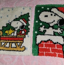 Lot Of 2 Snoopy Latch Hook Rugs Peanuts Woodstock Wall Hanging Tapestry Rugs