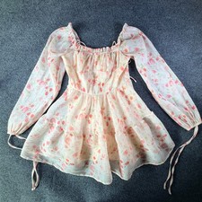 Cider Mini Dress Womens Medium Cream Floral Chiffon Milkmaid Off The Shoulder