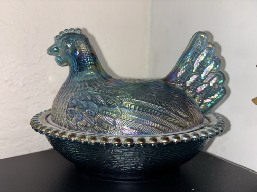 Vintage Indiana Glass Iridescent Carnival Blue Hen On A Nest - Candy Dish 7" - Picture 3 of 8