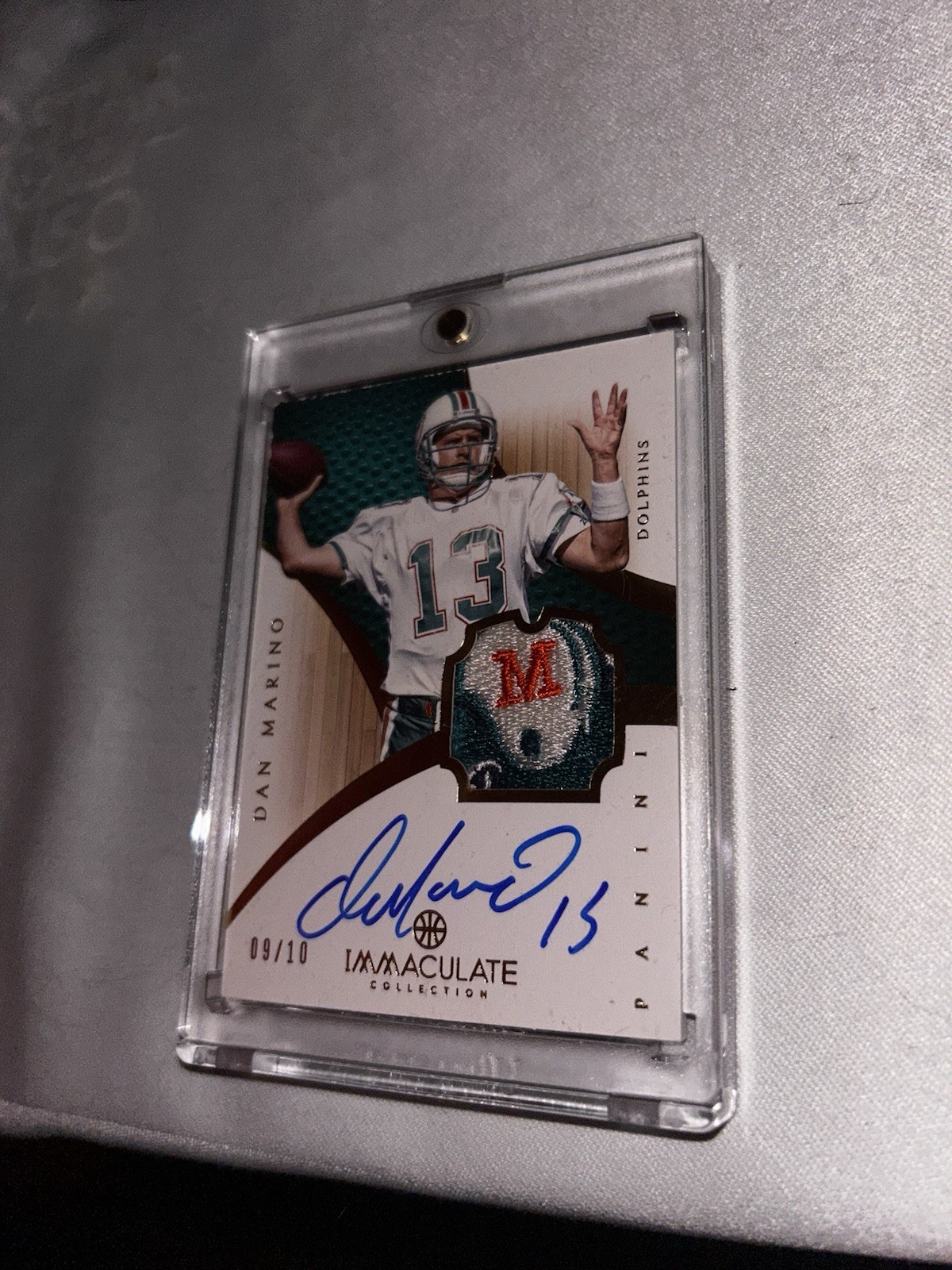 DAN MARINO DOLPHINS GAME USED LOGO PATCH IMMACULATE ON CARD AUTO SP #’d 9/10 ! view 14