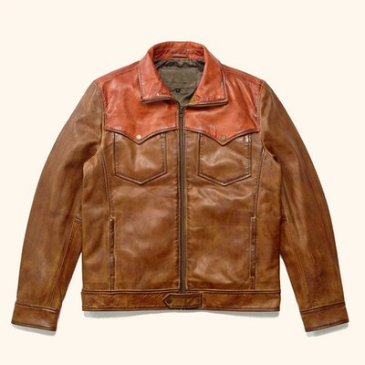 Western Elkhorn Leather Jacket Vintage Brown Copper Two Tone Men's Bomber Jacket