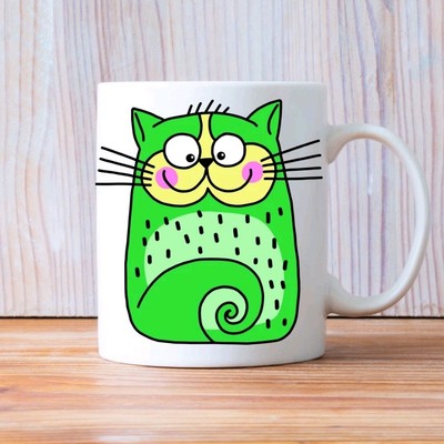 Doodle Cat Katze Zeichnung Grün Mug Tasse Keramiktasse Geschenk Kaffeetasse