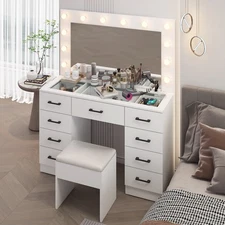 FCH Vanity Table Set9 Drawers Dresser Cabinet with LED Mirror and Power Outlets