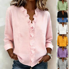 Womens Long Sleeve V Neck Ruffles Shirts Tops Loose Casual Tops Blouse PLUS SIZE
