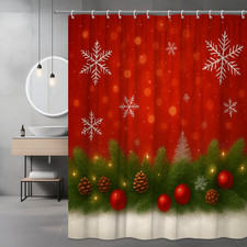 Christmas Shower Curtain with Snowflakes and Pine Decorations