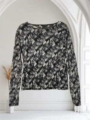 Kenneth Cole Women s Sheer Geo Print Top Size Large Nylon Stretch Artsy Y2K Chic