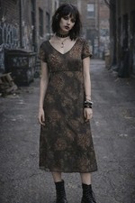 Vtg Boho 90s Y2k Green Floral Midi Dress Fairycore Grunge Short Sleeve Sz 12