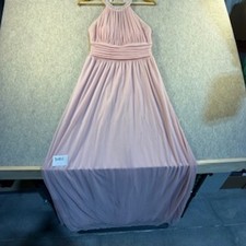 Blush Pink Mesh Halter Maxi Dress Pearl Rhinestone Neckline Formal Gown