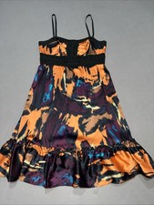 Guess by Marciano Orange Purple Black Watercolor Flounce Silk Dress S -5425
