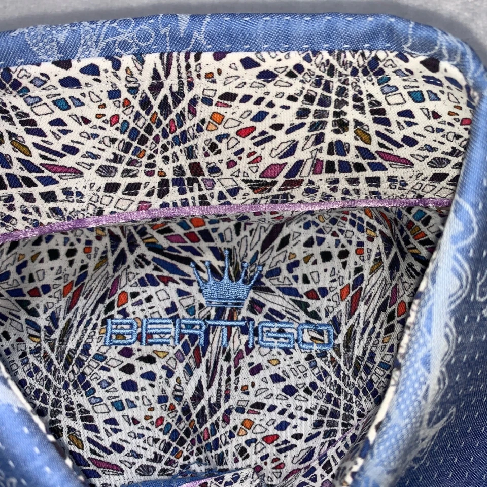 Bertigo Blue Paisley Floral Print Long Sleeve Button Up Shirt Mens S Dress Shirt - Image 3 of 4