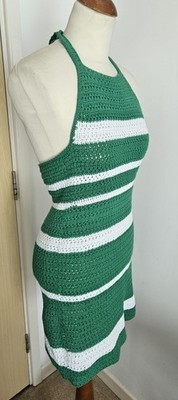 Vintage 60er Style Häkel Minikleid Baumwolle gestreift Handarbeit S 8-10 Mod Twiggy