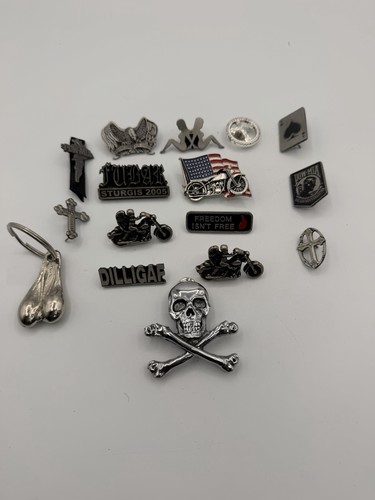 Vintage Biker Pin & Keychain Lot DILLIGAF Sturgis 2005 POW MIA Skull Crossbones