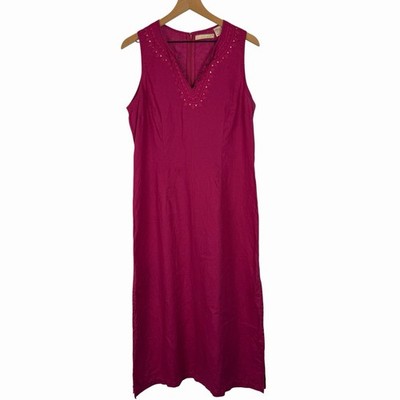 COULEURS d'ETE Linen Maxi Dress Fushia Pink EU 44/US 12 Sleeveless Bead Detail