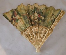 Vintage Wooden  Paper Hand Fan Fold Up with Unknown Art and Origin - Antique