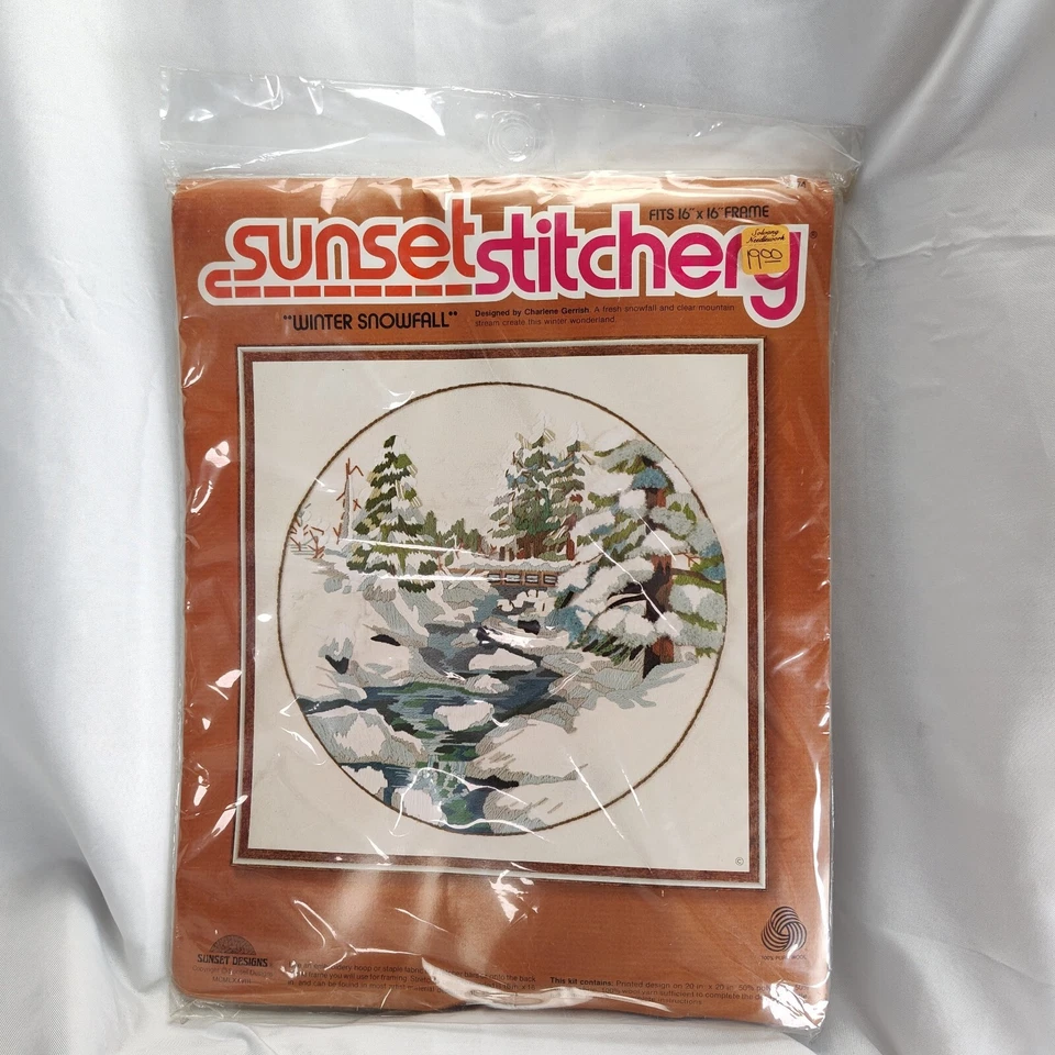 Kit de fotos vintage Sunset Stitchery Crewel inverno queda de neve 16x16 polegadas pastoral - Imagem 2 de 4