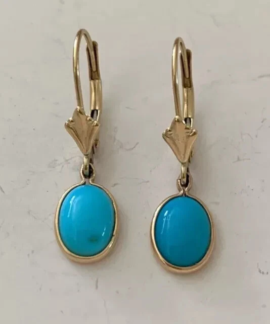 Pendientes colgantes colgantes ovalados turquesa natural chapados en oro amarillo de 14K Foto 4 de 4